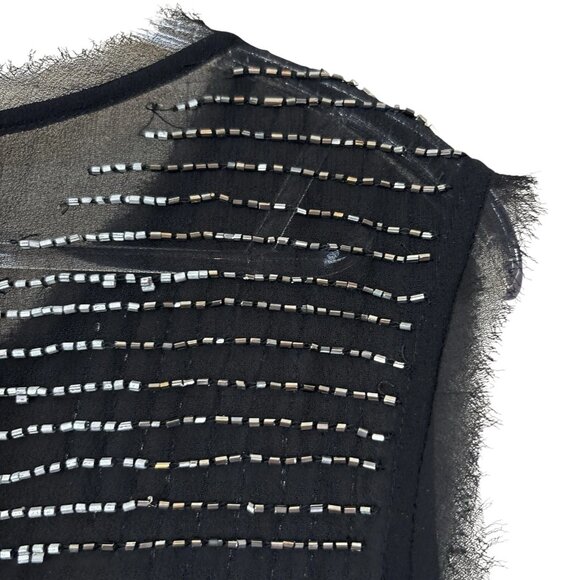 W118 Walter Baker Beaded Metallic Sheer Frayed Hem Tank Top Black Silver Size M - Picture 8 of 11